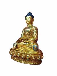 Buddhist Handmade Statue Of Shakyamuni Buddha, [full Fire Gold Plated, Stone Setting, Face Painted]
