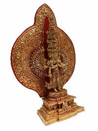 Buddhist Handmade Statue Of [sahasrabhuja Avalokitesvara], [full Fire Gold Plated], With Painted Face