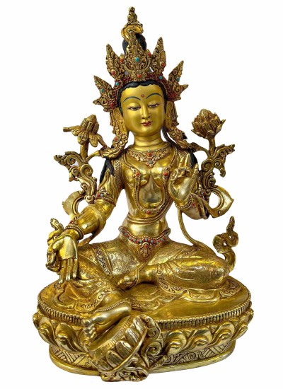 Buddhist Statue Of [green Tara], Full Gold Plated Painted Face