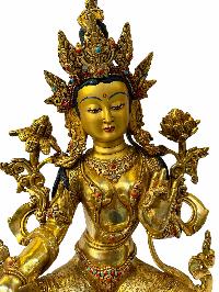 Buddhist Statue Of [green Tara], Full Gold Plated Painted Face