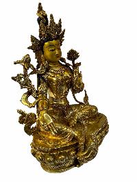 Buddhist Statue Of [green Tara], Full Gold Plated Painted Face