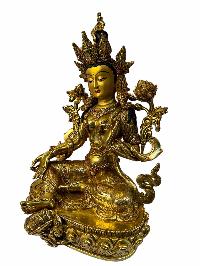 Buddhist Statue Of [green Tara], Full Gold Plated Painted Face