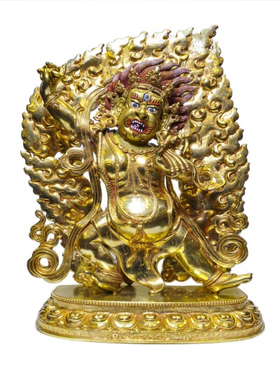 Buddhist Statue Of [vajrapani [chana Dorje], [chana Dorje]], Full Gold Plated, Antique Finishing With Painted Face