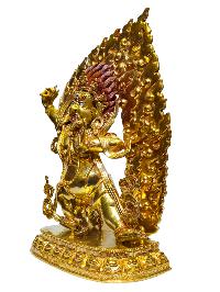 Buddhist Statue Of [vajrapani [chana Dorje], [chana Dorje]], Full Gold Plated, Antique Finishing With Painted Face