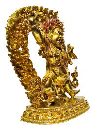 Buddhist Statue Of [vajrapani [chana Dorje], [chana Dorje]], Full Gold Plated, Antique Finishing With Painted Face