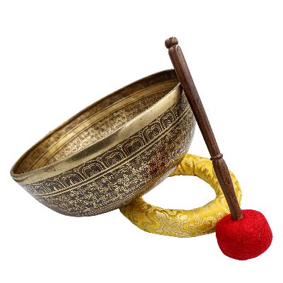 Buddhist Hand Beaten Jambati Singing Bowl, With Super Fine Etching Carving