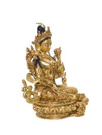 Buddhist Handmade Statue Of Green Tara [full Fire Gold Plated], [face Painted]