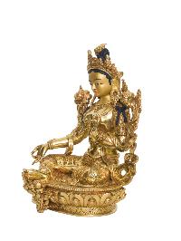 Buddhist Handmade Statue Of Green Tara [full Fire Gold Plated], [face Painted]