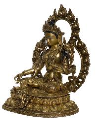 Buddhist Handmade Statue Of Green Tara [full Fire Gold Plated], [face Painted]