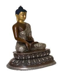 Buddhist Handmade Statue Of Shakyamuni Buddha [face Painted], [silver And Chocolate Oxidized]