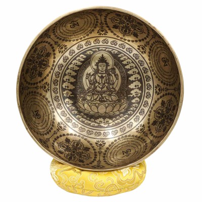 Buddhist Hand Beaten Jambati Singing Bowl, With Super Fine Etching Carving, [chenrezig]