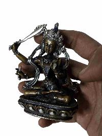 Buddhist Miniature Statue Of [maha Manjushree], [chocolate Oxidized]