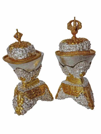 Buddhist Handmade Kapala Pair, [partly Gold Plated, Silver Plated]