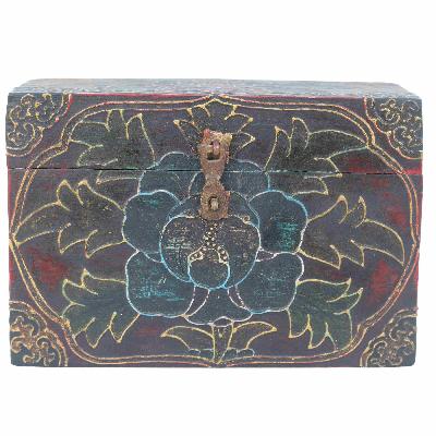 [traditional Tibetan], Ritual Jeweler And Ritual Item Box, [painted] With Lotus Design, [antique]