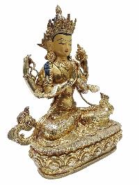 Buddhist Handmade Statue Of Chenrezig, [full Fire Gold Plated] With Painted Face