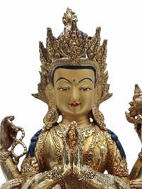 Buddhist Handmade Statue Of Chenrezig, [full Fire Gold Plated] With Painted Face