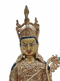 Buddhist Handmade Statue Of Padmasambhava, [full Fire Gold Plated] With Painted Face