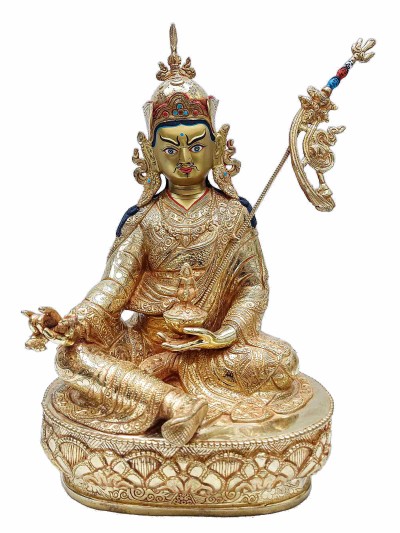 Buddhist Handmade Statue Of Padmasambhava [guru Rinpoche], [full Fire Gold Plated] With Painted Face
