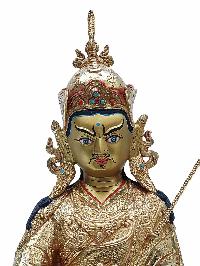Buddhist Handmade Statue Of Padmasambhava [guru Rinpoche], [full Fire Gold Plated] With Painted Face