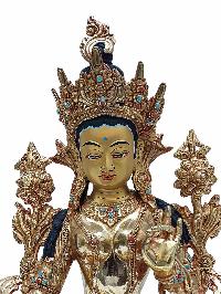 Buddhist Handmade Statue Of Green Tara, [full Fire Gold Plated] With Painted Face