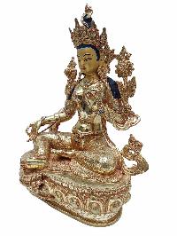 Buddhist Handmade Statue Of Green Tara, [full Fire Gold Plated] With Painted Face