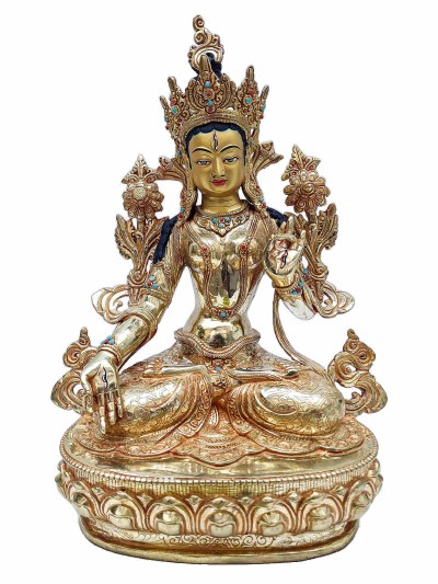 Buddhist Handmade Statue Of White Tara, [full Fire Gold Plated] With Painted Face