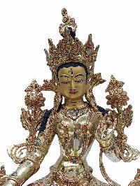 Buddhist Handmade Statue Of White Tara, [full Fire Gold Plated] With Painted Face