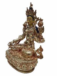 Buddhist Handmade Statue Of White Tara, [full Fire Gold Plated] With Painted Face