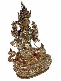 Buddhist Handmade Statue Of White Tara, [full Fire Gold Plated] With Painted Face