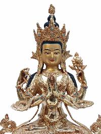 Buddhist Handmade Statue Of Chenrezig, [full Fire Gold Plated] With Painted Face