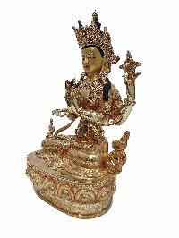 Buddhist Handmade Statue Of Chenrezig, [full Fire Gold Plated] With Painted Face