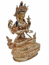 Buddhist Handmade Statue Of Chenrezig, [full Fire Gold Plated] With Painted Face