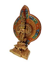 Buddhist Handmade Statue Of [1000] Thousand Arms Sahasrabhuja Avalokitesvara, Full Fire Gold Plated, Painted Face