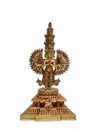 Buddhist Handmade Statue Of [1000] Thousand Arms Sahasrabhuja Avalokitesvara, Full Fire Gold Plated, Painted Face