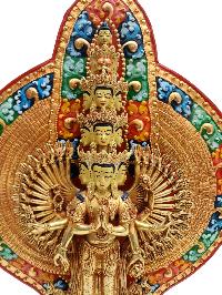 Buddhist Handmade Statue Of [1000] Thousand Arms Sahasrabhuja Avalokitesvara, Full Fire Gold Plated, Painted Face