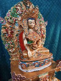 Buddhist Handmade Statue Of Crown Shakyamuni Buddha On Throne, [full Fire Gold Plated, Stone Setting, Face Painted]