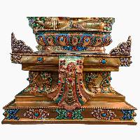 Buddhist Handmade Statue Of Crown Shakyamuni Buddha On Throne, [full Fire Gold Plated, Stone Setting, Face Painted]