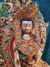 Buddhist Handmade Statue Of Crown Shakyamuni Buddha On Throne, [full Fire Gold Plated, Stone Setting, Face Painted]