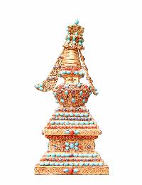 Buddhist Handmade Staue Of Stupa, [gold Plated], [stone Setting]