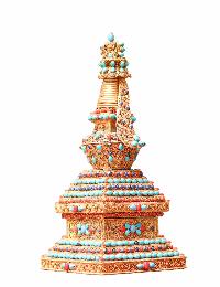 Buddhist Handmade Staue Of Stupa, [gold Plated], [stone Setting]