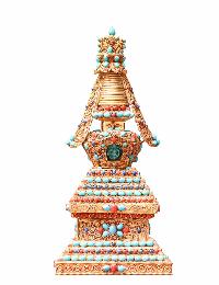 Buddhist Handmade Staue Of Stupa, [gold Plated], [stone Setting]