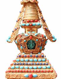 Buddhist Handmade Staue Of Stupa, [gold Plated], [stone Setting]