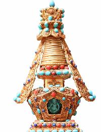 Buddhist Handmade Staue Of Stupa, [gold Plated], [stone Setting]