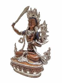 Buddhist Statue Of [manjushri], [silver And Chocolate Oxidized]