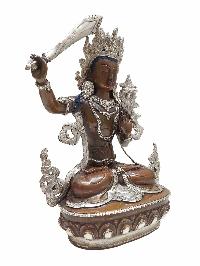 Buddhist Statue Of [manjushri], [silver And Chocolate Oxidized]