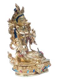 Buddhist Handmade Statue Of Green Tara, [full Fire Gold Plated], [stone Setting] With Painted Face