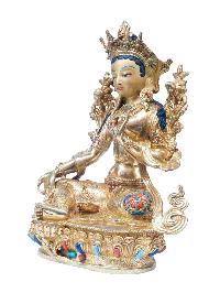 Buddhist Handmade Statue Of Green Tara, [full Fire Gold Plated], [stone Setting] With Painted Face