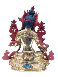 Buddhist Handmade Statue Of Green Tara, [full Fire Gold Plated], [stone Setting] With Painted Face