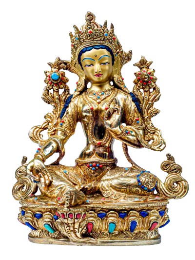 Buddhist Handmade Statue Of Green Tara, [full Fire Gold Plated], [stone Setting] With Painted Face