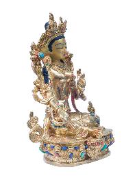 Buddhist Handmade Statue Of Green Tara, [full Fire Gold Plated], [stone Setting] With Painted Face